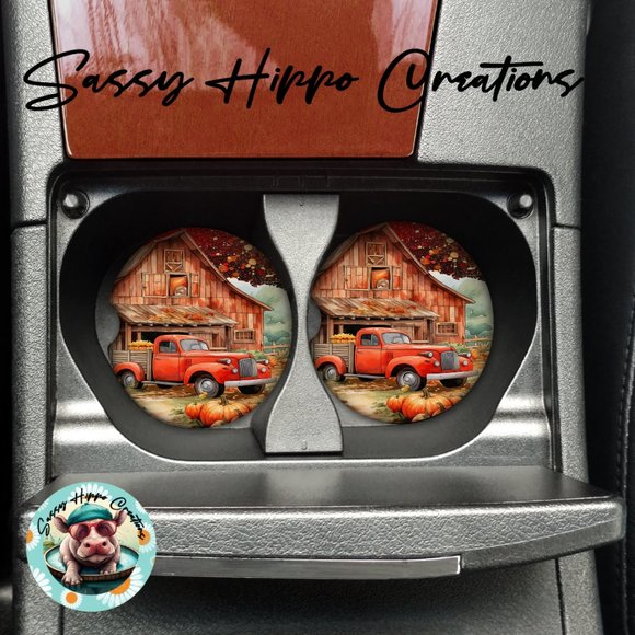 Sassy Hippo Creations Other - Car Coasters Autumn Old Truck Barn Pumpkins Set of 2 Neoprene Absorbent